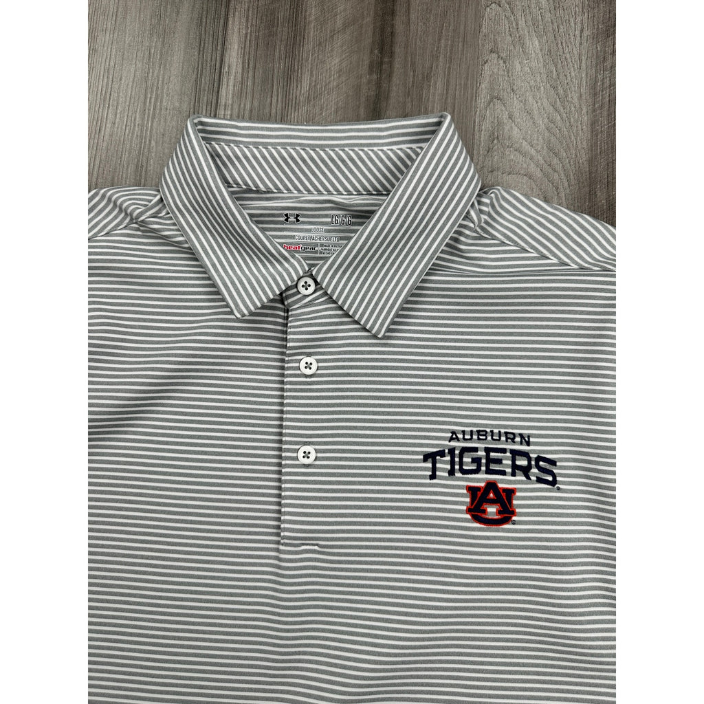Under Armour Auburn Tigers HeatGear Loose Fit Striped Golf Polo in Gray White — Size Large // Preowned