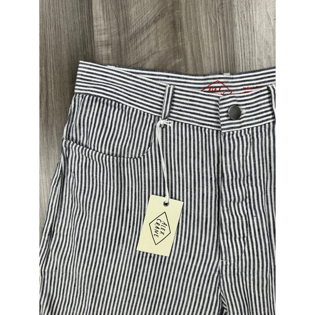 Alex Crane Cham Linen Feel Breezy Button Fly Lines Pants in Navy, Linen White — Size 28