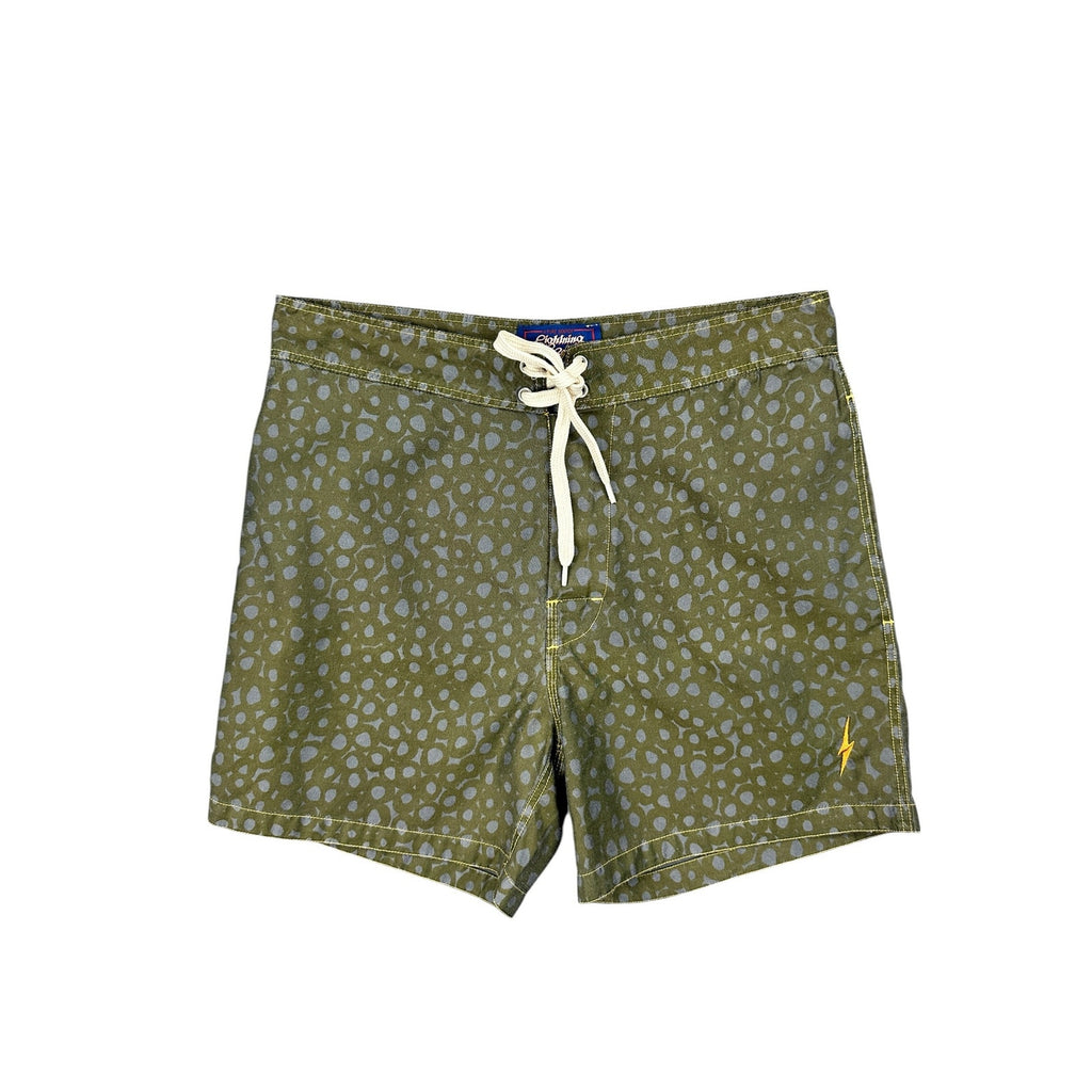 Lightning Bolt Circle Board Shorts in Olive, Gray — Size 30 // Preowned