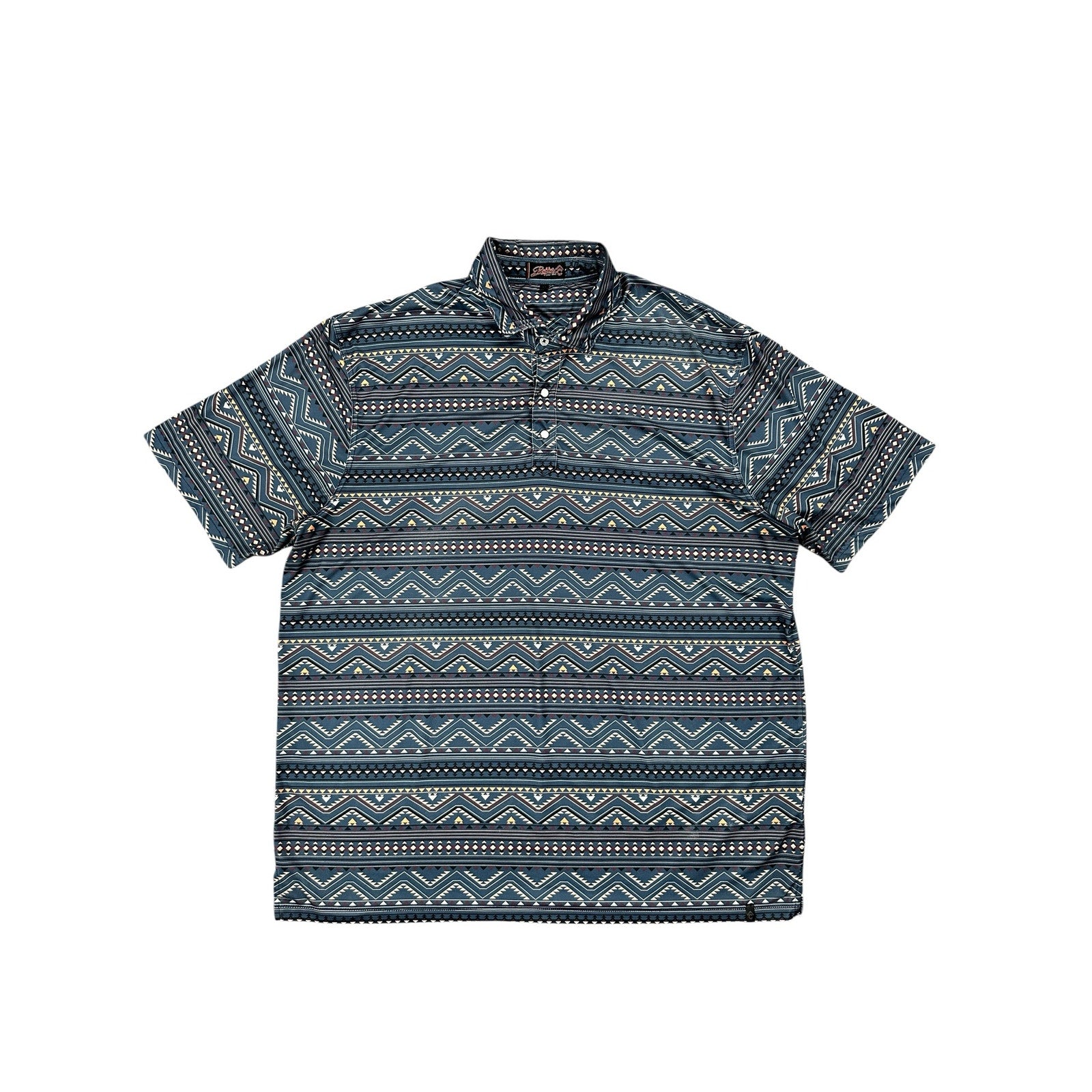 Rafter C Southwestern Print Pearl Snap Golf Polo in Gray Maroon Tan White Black Orange — Size XL // Preowned
