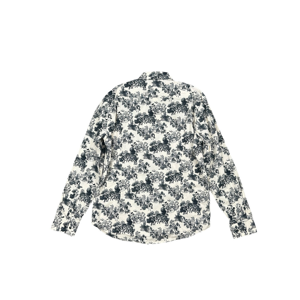 HUGO Ermo Stretch City Print Long Sleeve Shirt in Cream, Black — Size XL // Preowned