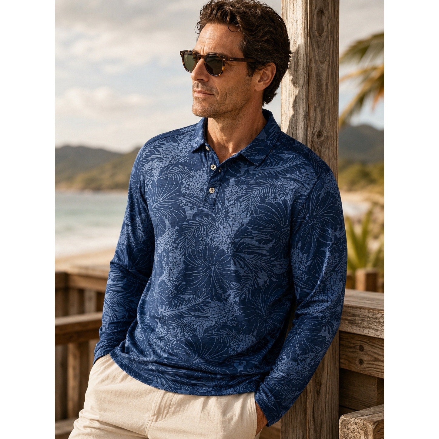Tommy Bahama Hawaiian Floral Long Sleeve Polo - Large