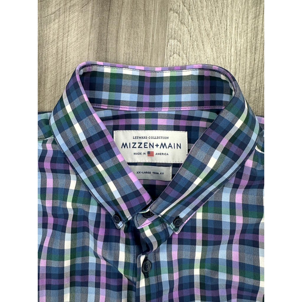 Mizzen+Main Leeward Collection Trim Fit Plaid Long Sleeve Button Down in Blue, Navy, Purple, Green and White — Size 2XL // Preowned
