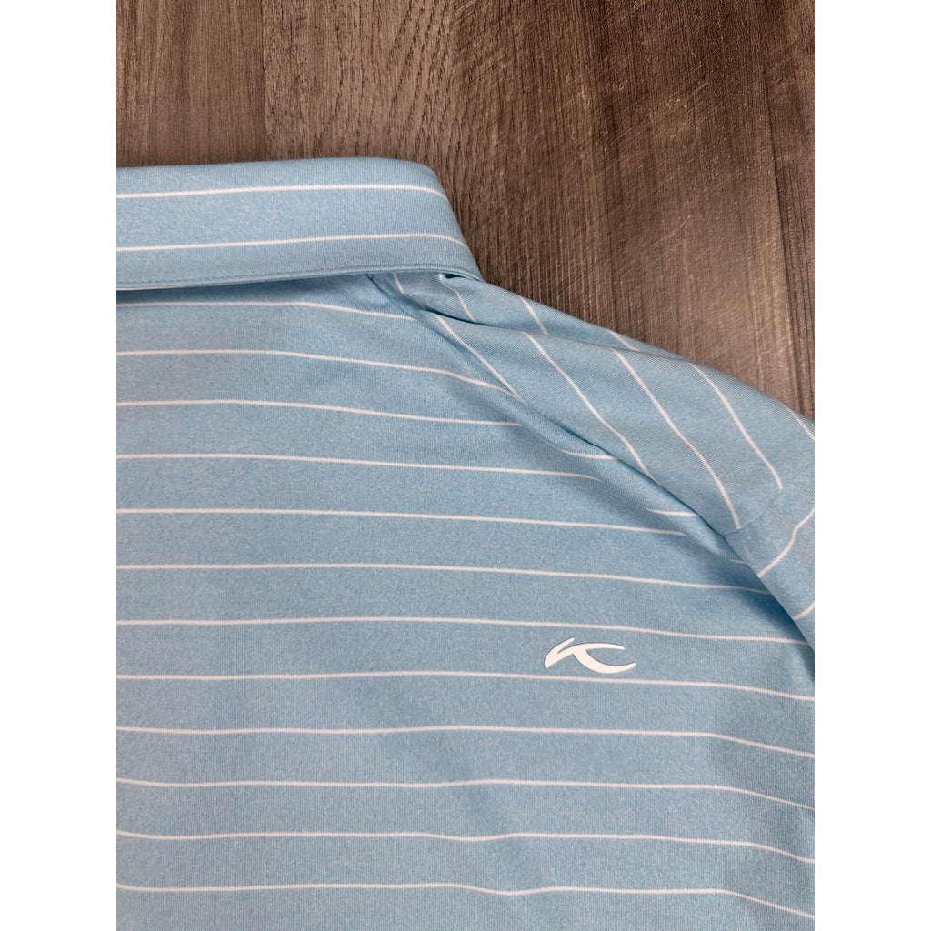 KJUS Soren Melange Stripe Long Sleeve Polo in Poolside, White — Size 56 (2XL)