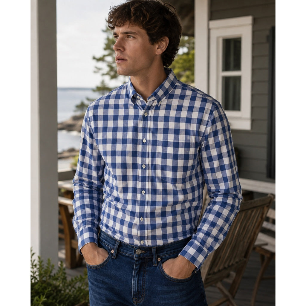 Gitman Bros. Made in USA Checkered Long Sleeve Button Down in Blue and White — Size Large // Preowned