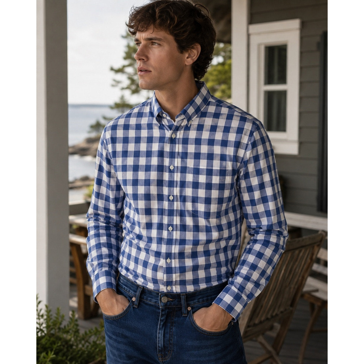 Gitman Bros. Made in USA Checkered Long Sleeve Button Down in Blue and White — Size Large // Preowned