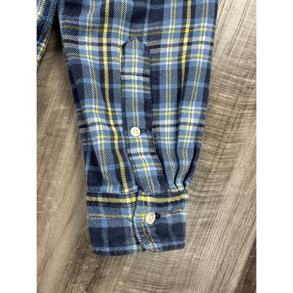 Ralph Lauren Vintage Classic Fit Flannel Plaid Long Sleeve Button Down in Navy Blue Yellow and White — Size Large // Preowned