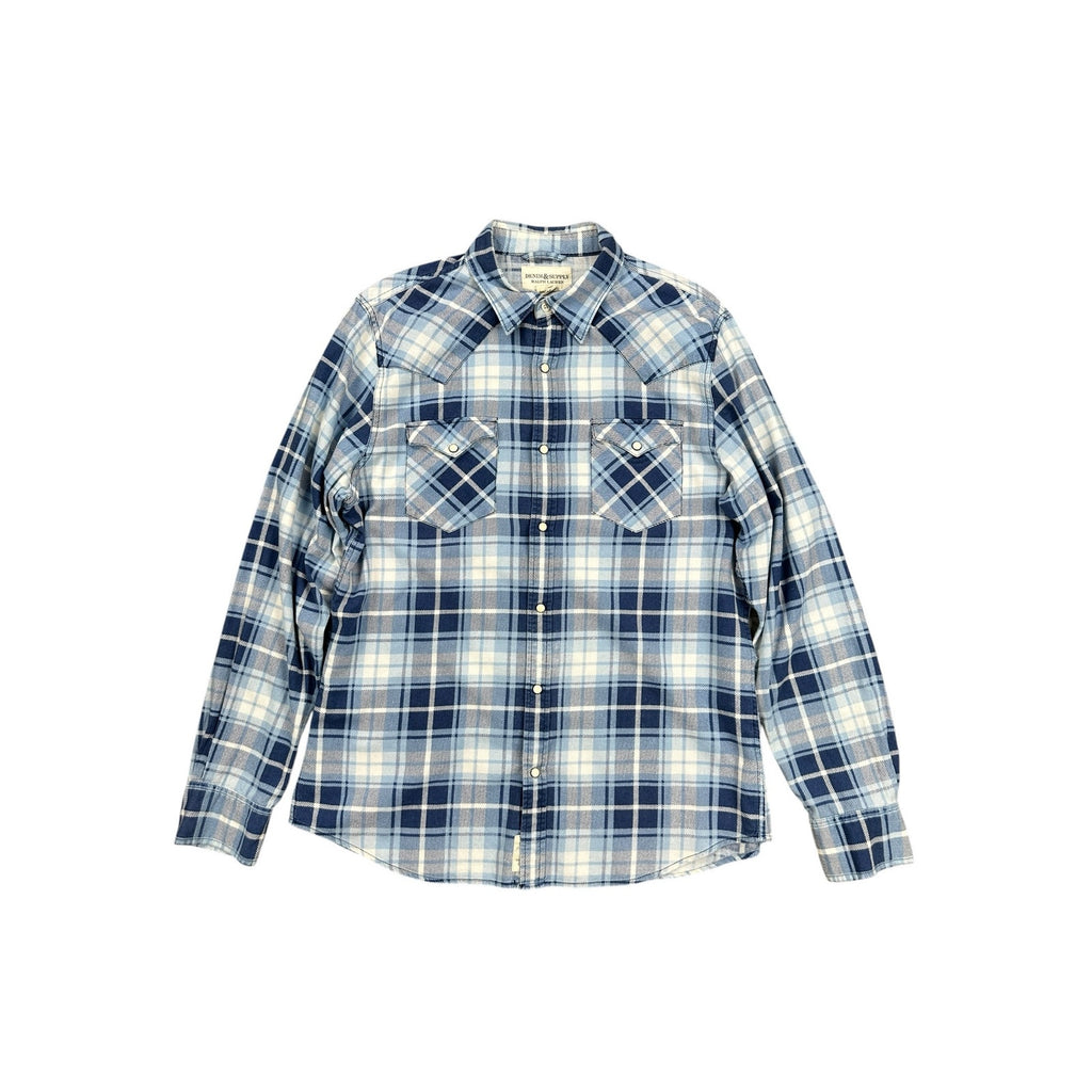 Ralph Lauren Denim and Supply Flannel Plaid Long Sleeve Pearl Snap Button Down in Blue Light Blue White — Size Large // Preowned