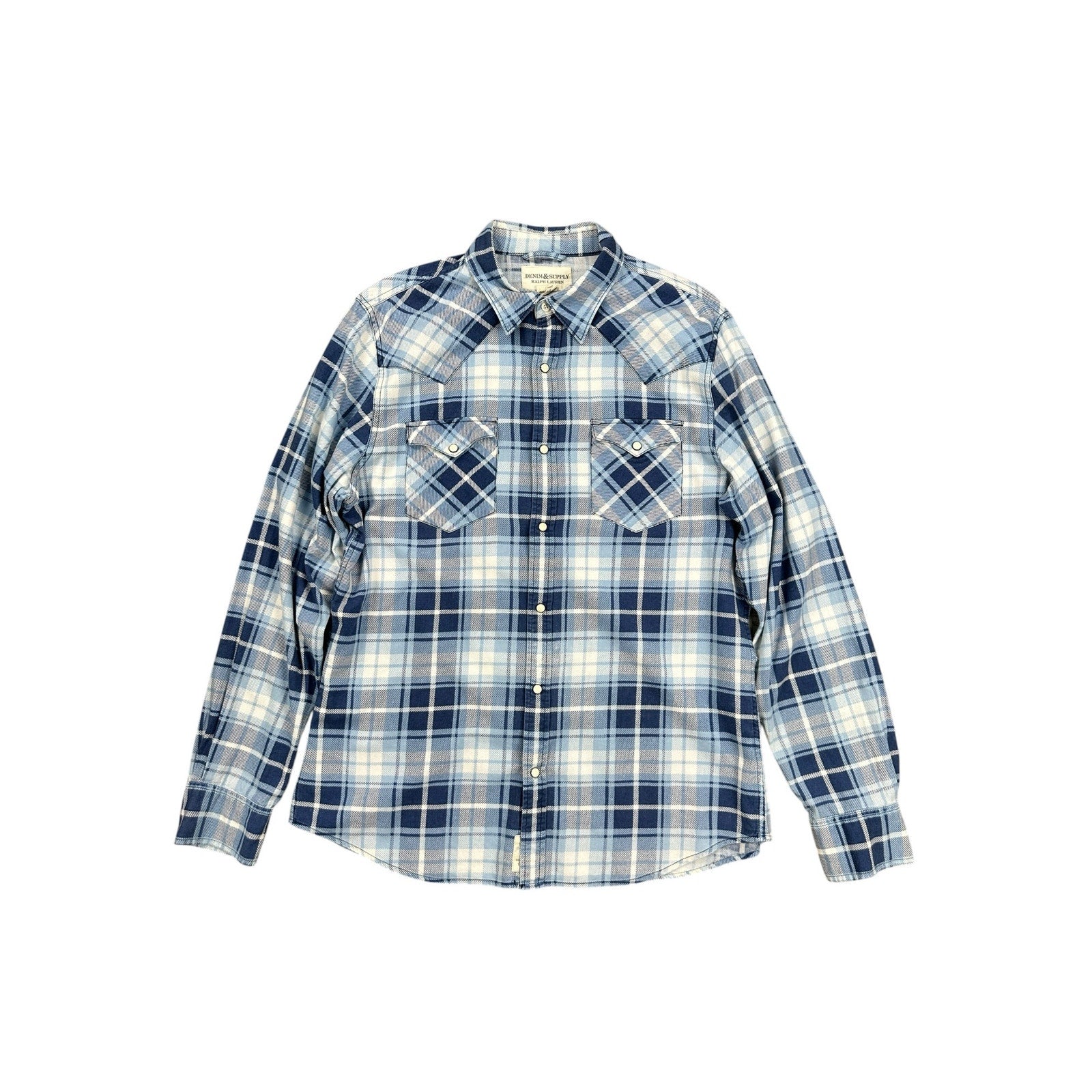 Ralph Lauren Denim and Supply Flannel Plaid Long Sleeve Pearl Snap Button Down in Blue Light Blue White — Size Large // Preowned