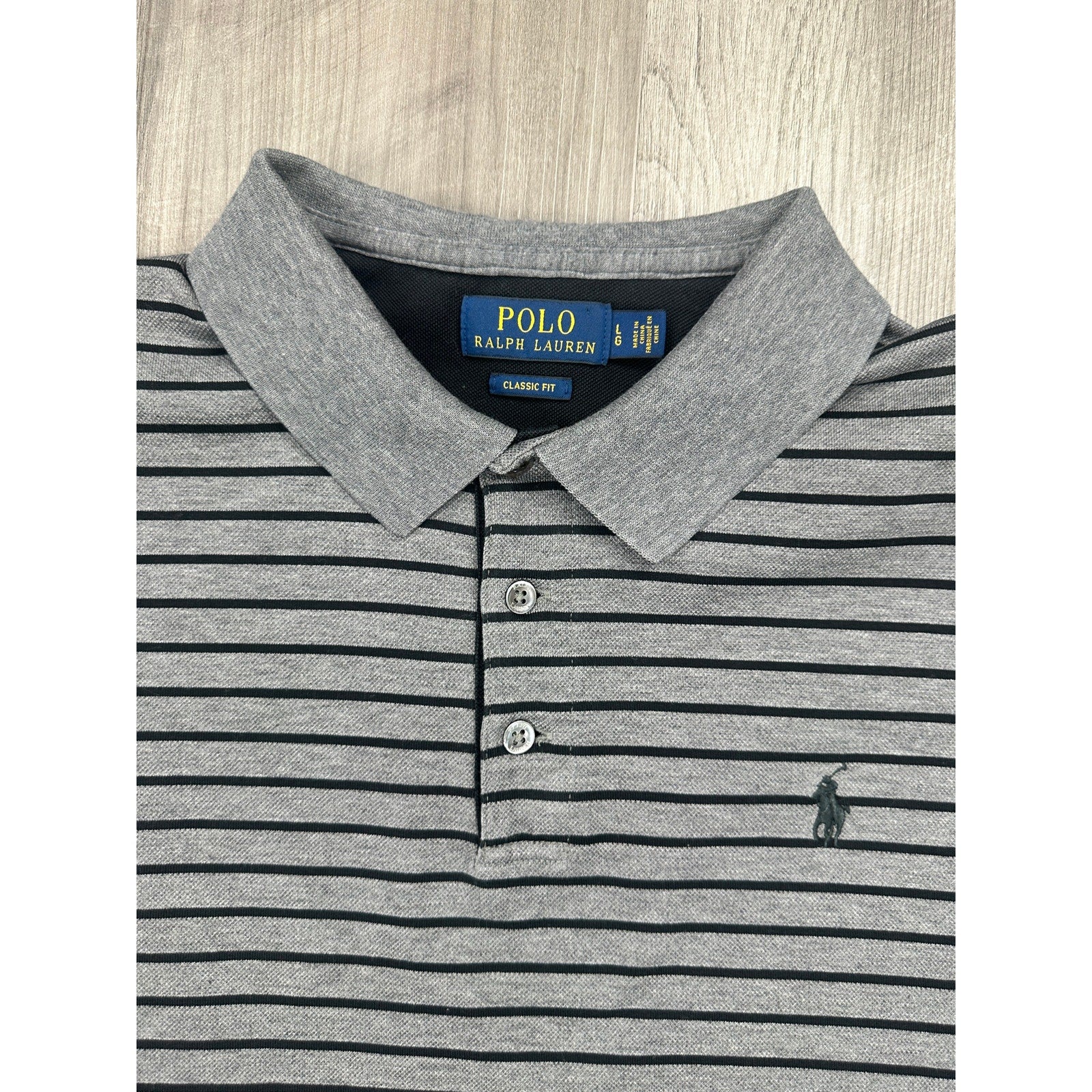 Polo Ralph Lauren Classic Fit Striped Mesh Knit Polo in Gray and Black — Size Large // Preowned