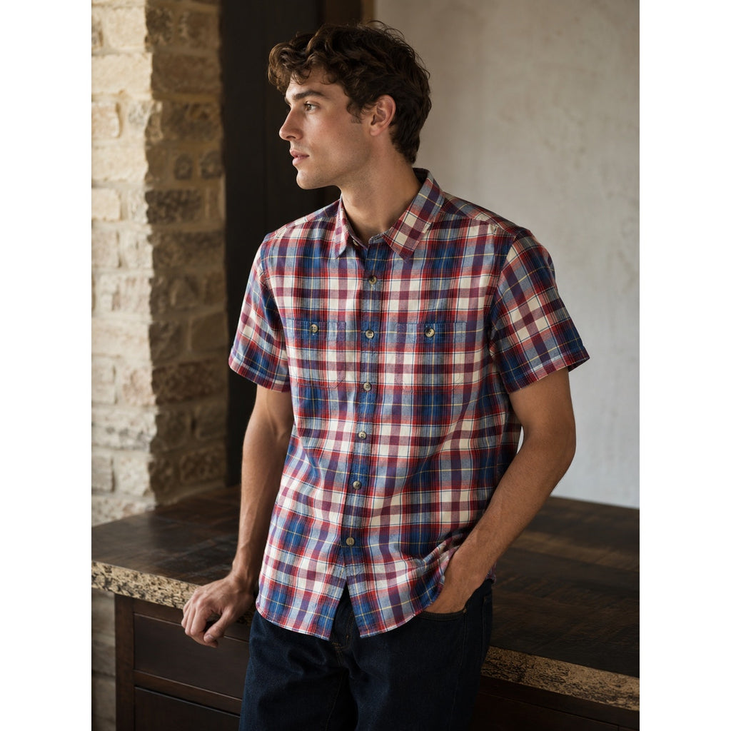 A.P.C. Madras Plaid Short Sleeve Button Down Shirt in Blue Red Ivory Yellow — Size Large // Preowned