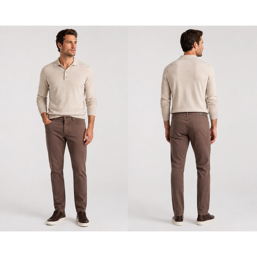 Peter Millar Signature Sateen 5 Pocket Chino Pants in French Press Brown — Size 44x30
