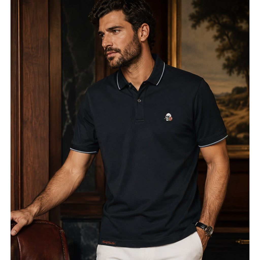 Robert Graham Rossi Skull and Rose Logo Black Classic Fit Polo - Small