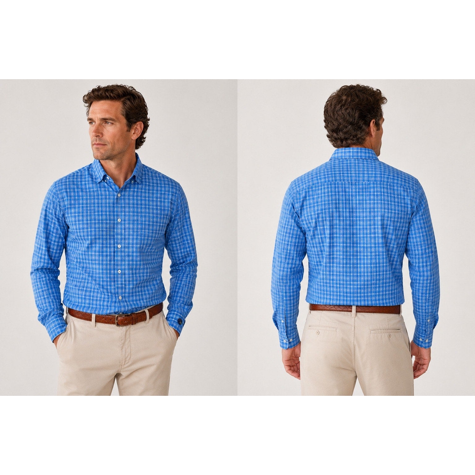 Peter Millar Summer Comfort Plaid Eagle Point Golf Club Long Sleeve Button Down in Blue Tan White — Size Large // Preowned
