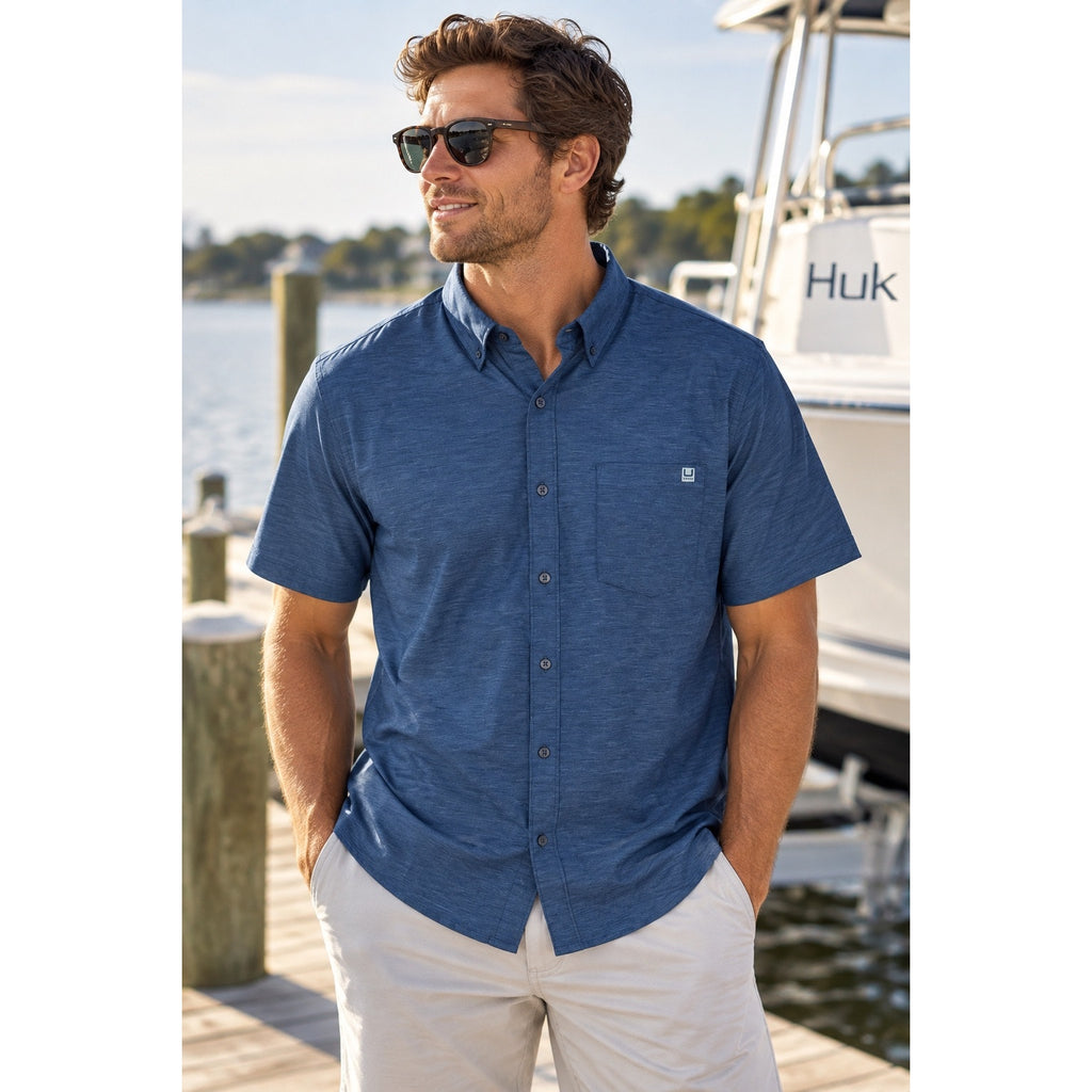 HUK Kona Solid Short Sleeve Button Down Shirt — Size 2XL