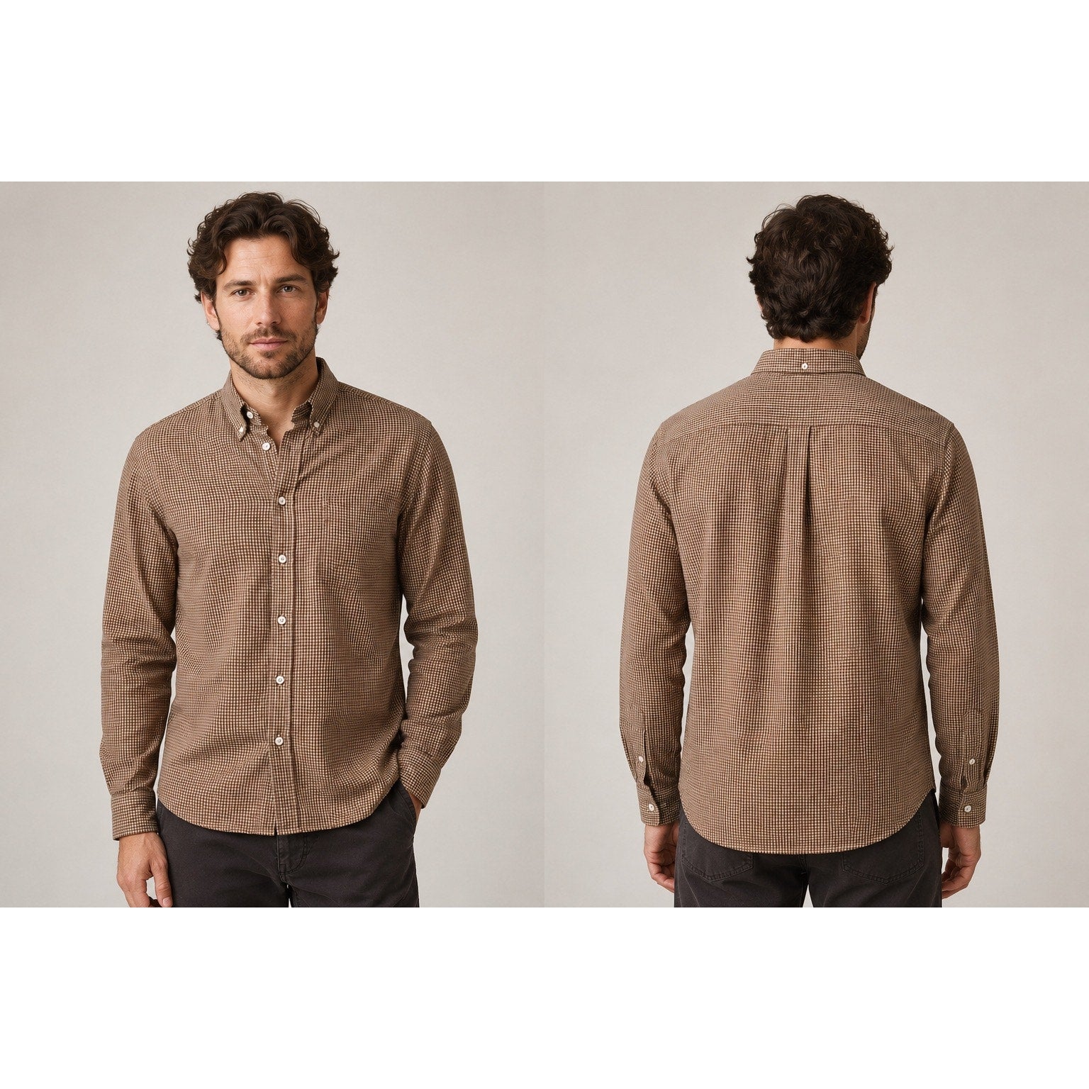 Billy Reid Tuscumbia Standard Fit Windowpane Check Long Sleeve Shirt in Brown, Cream — Size Large // Preowned