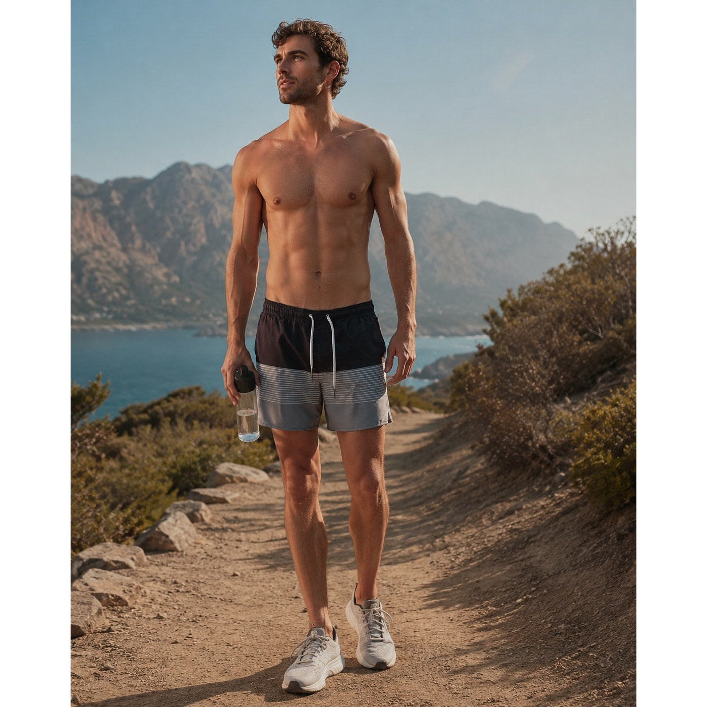 Vuori Trail Shorts 2.0 Lined in Brown Light Gray and White Stripe — Size Large // Preowned