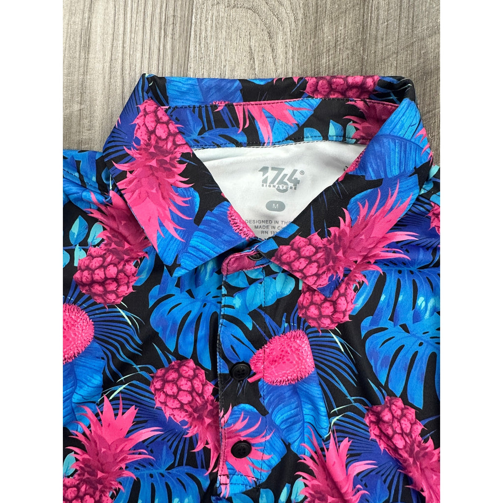 1764 Signature Pink Ananas Hawaiian Pineapple Golf Polo in Black — Size Medium
