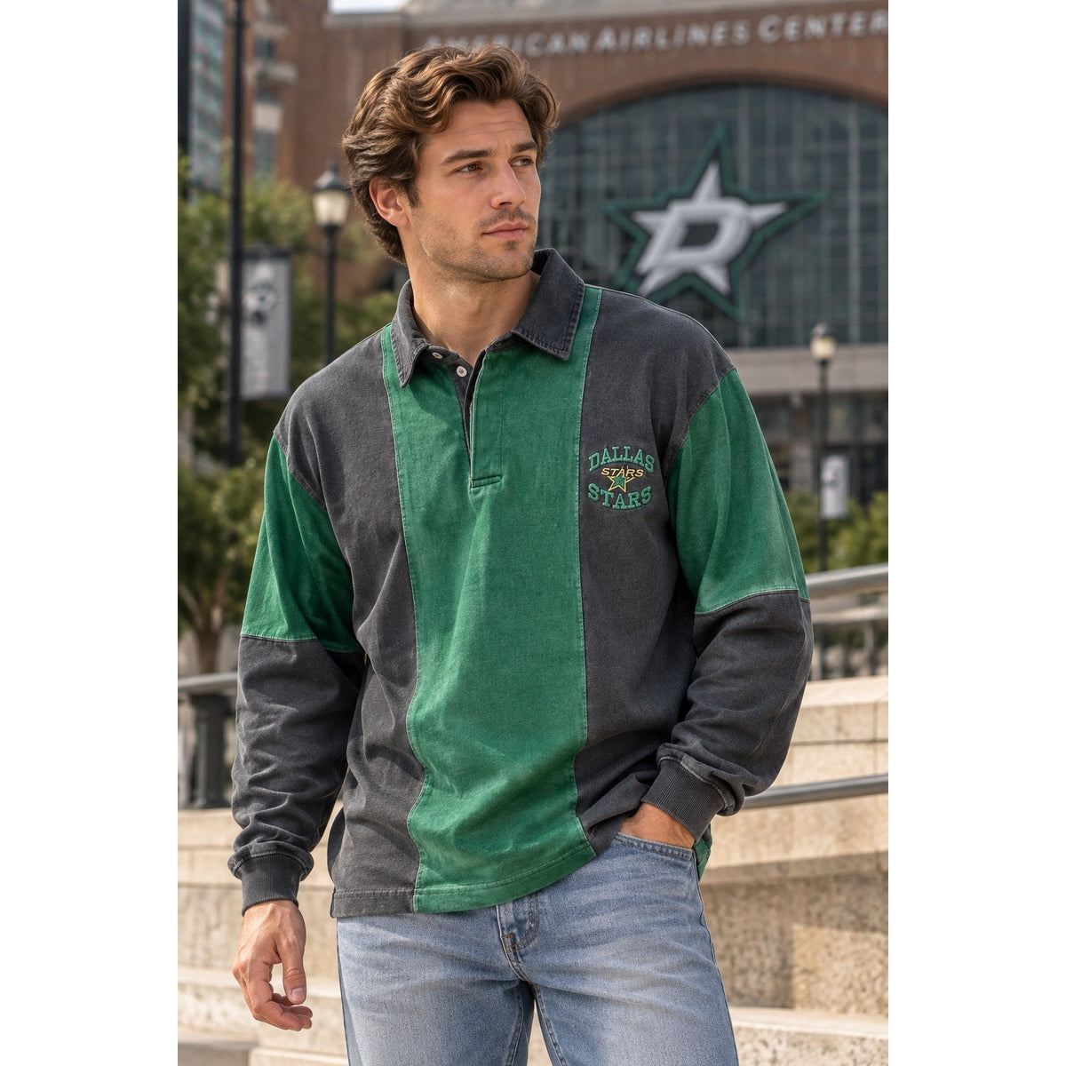 Iron Knights Apparel Vintage Dallas Stars Vertical Rugby Stripe Long Sleeve Polo — Size XL // Preowned