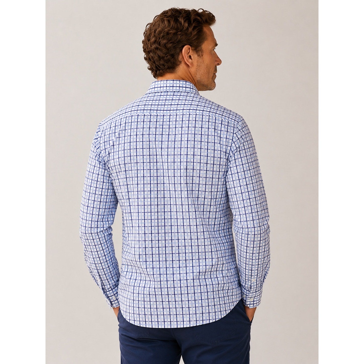 Bugatchi Uomo Long Sleeve Check Dress Shirt in Blue White Plaid — Size 17.5 36/37