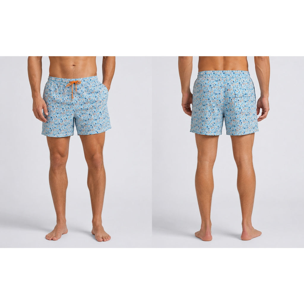 Robert Graham Beach Days Swim Trunks in Light Blue Navy and Orange — Size Large