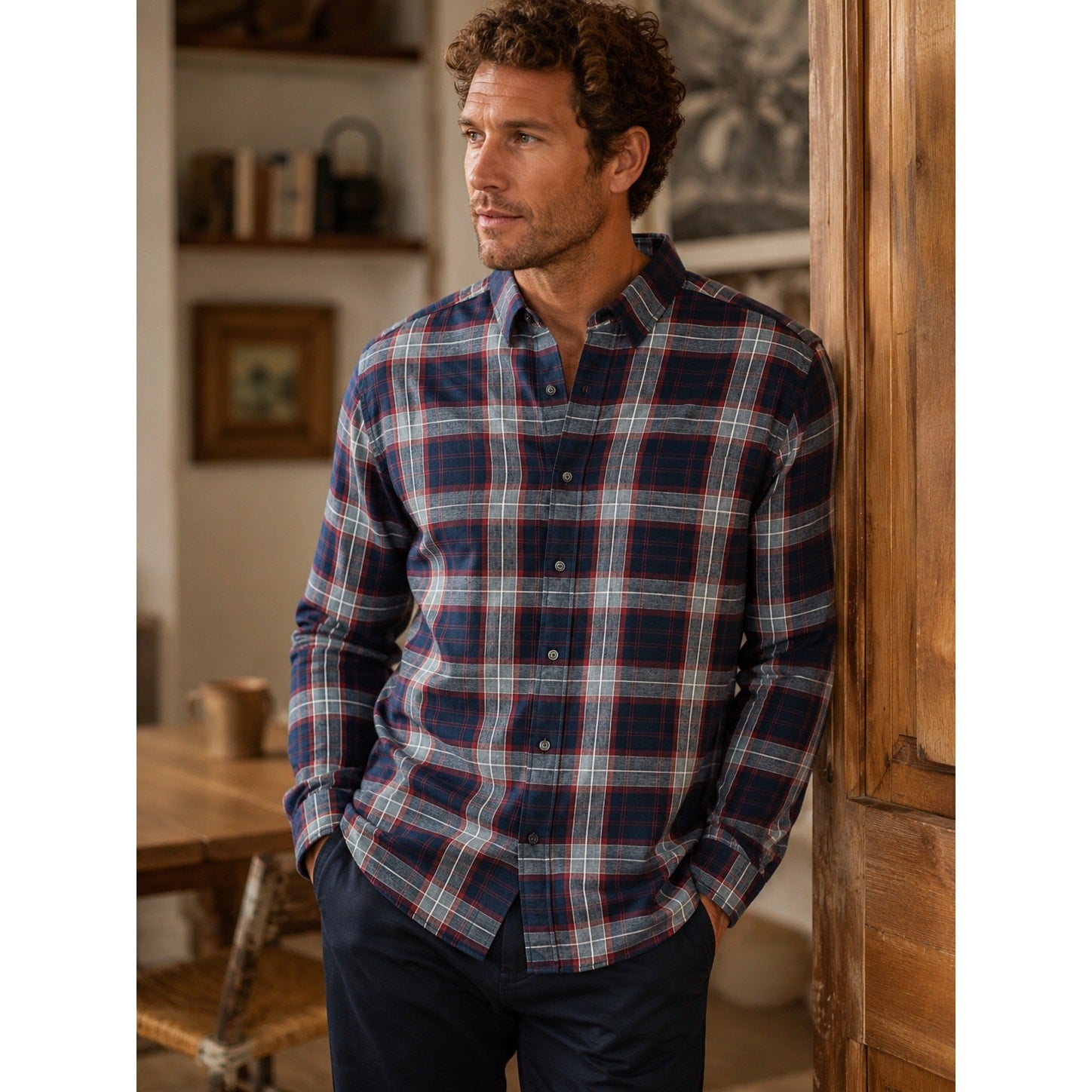 UNTUCKit Alentejo Plaid Flannel Long Sleeve Button Down in Navy Maroon Gray White Cream — Size 2XL // Preowned