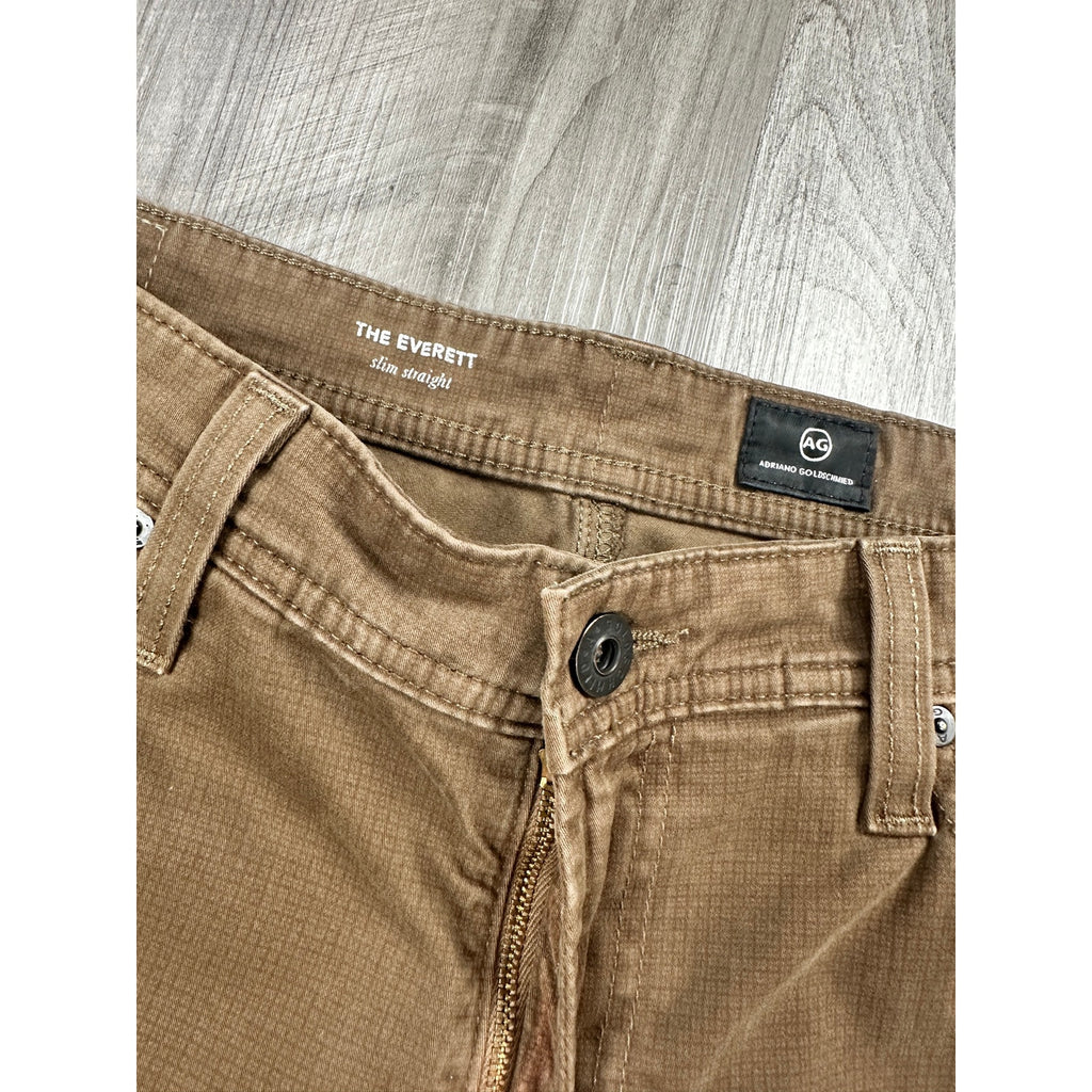 AG Adriano Goldschmied Everett Slim Straight Sueded Stretch Sateen Chino Jean in Brown Micro Check — Size 33x32 // Preowned