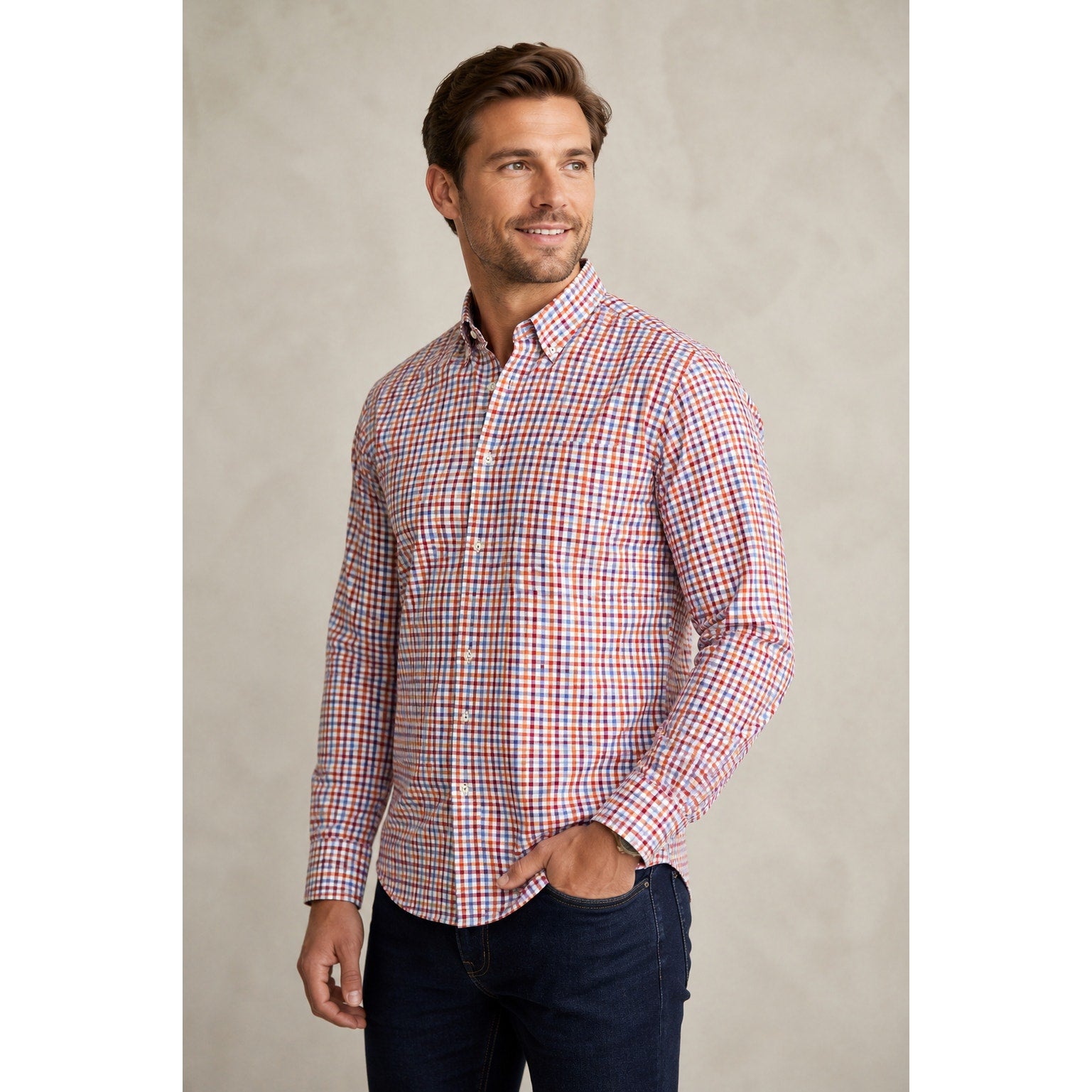 Robert Talbott Caramel Checkered Long Sleeve Button Down - Medium
