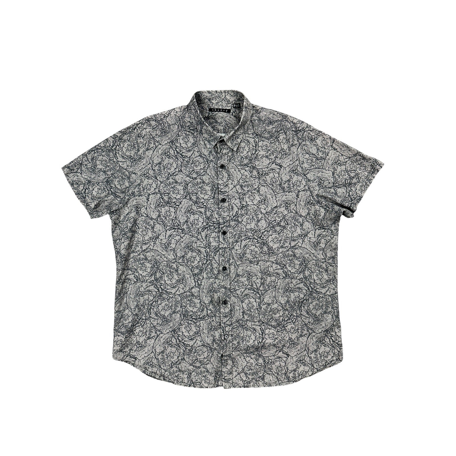 Theory Zack PS Ranunculus Print Short Sleeve Shirt in Light Brown and Black — Size XL // Preowned