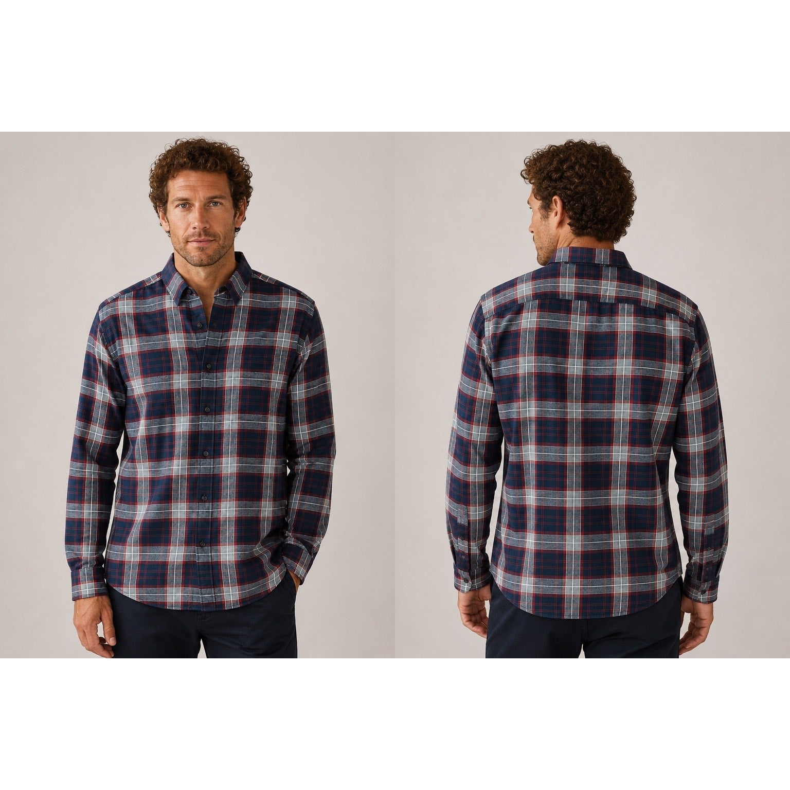 UNTUCKit Alentejo Plaid Flannel Long Sleeve Button Down in Navy Maroon Gray White Cream — Size 2XL // Preowned