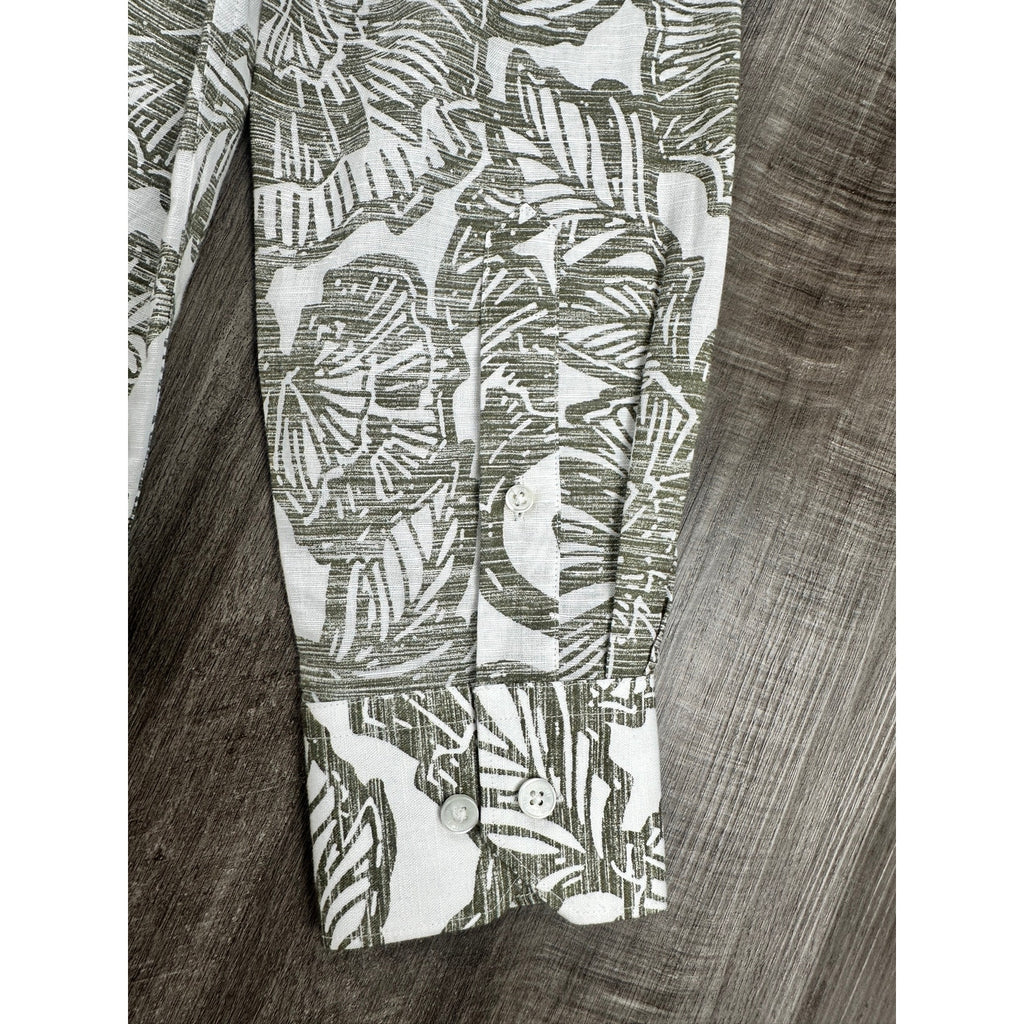 Bugatchi Julian Floral Linen Cotton Shaped Fit Long Sleeve Button Down in Olive White — Size Medium