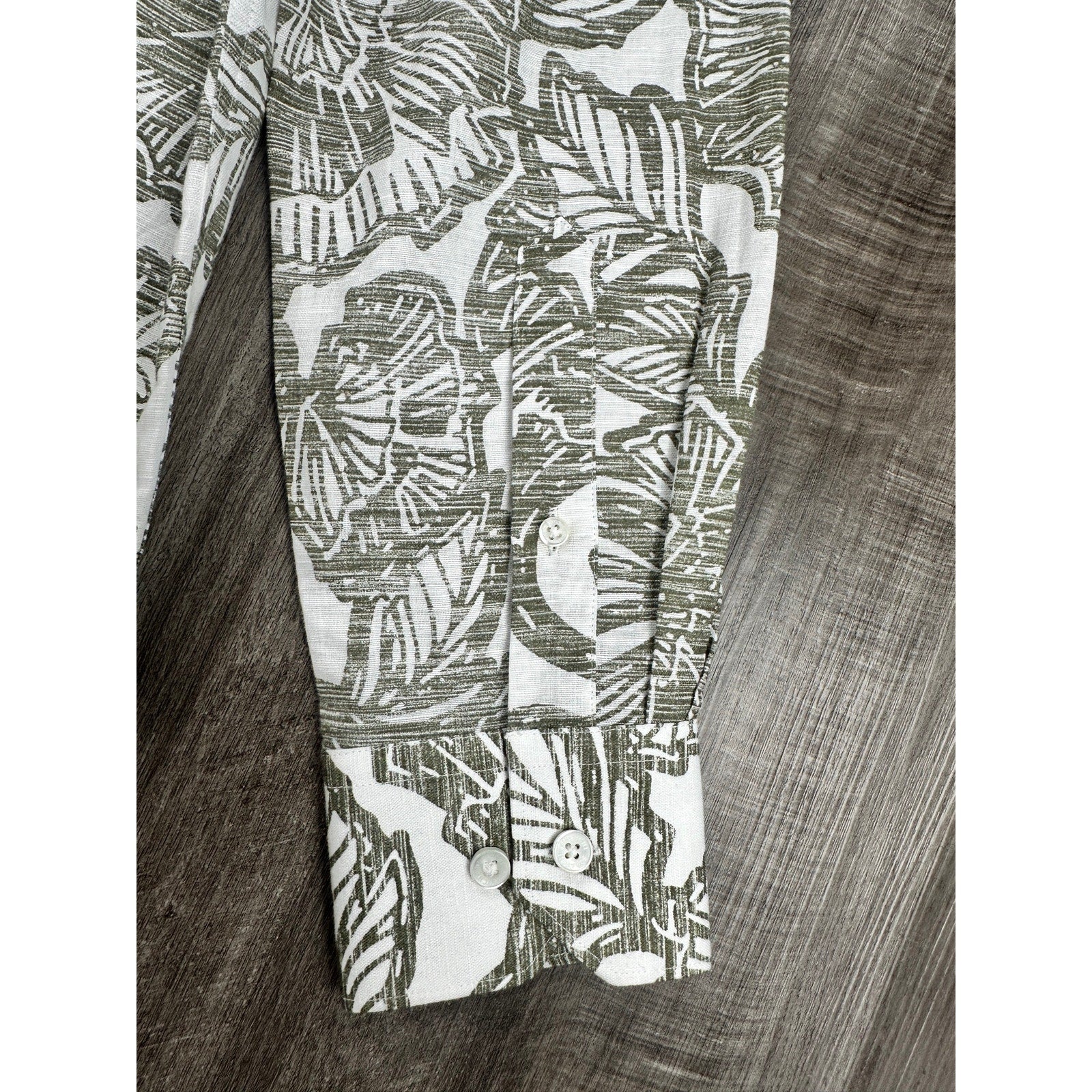 Bugatchi Julian Floral Linen Cotton Shaped Fit Long Sleeve Button Down in Olive White — Size Medium