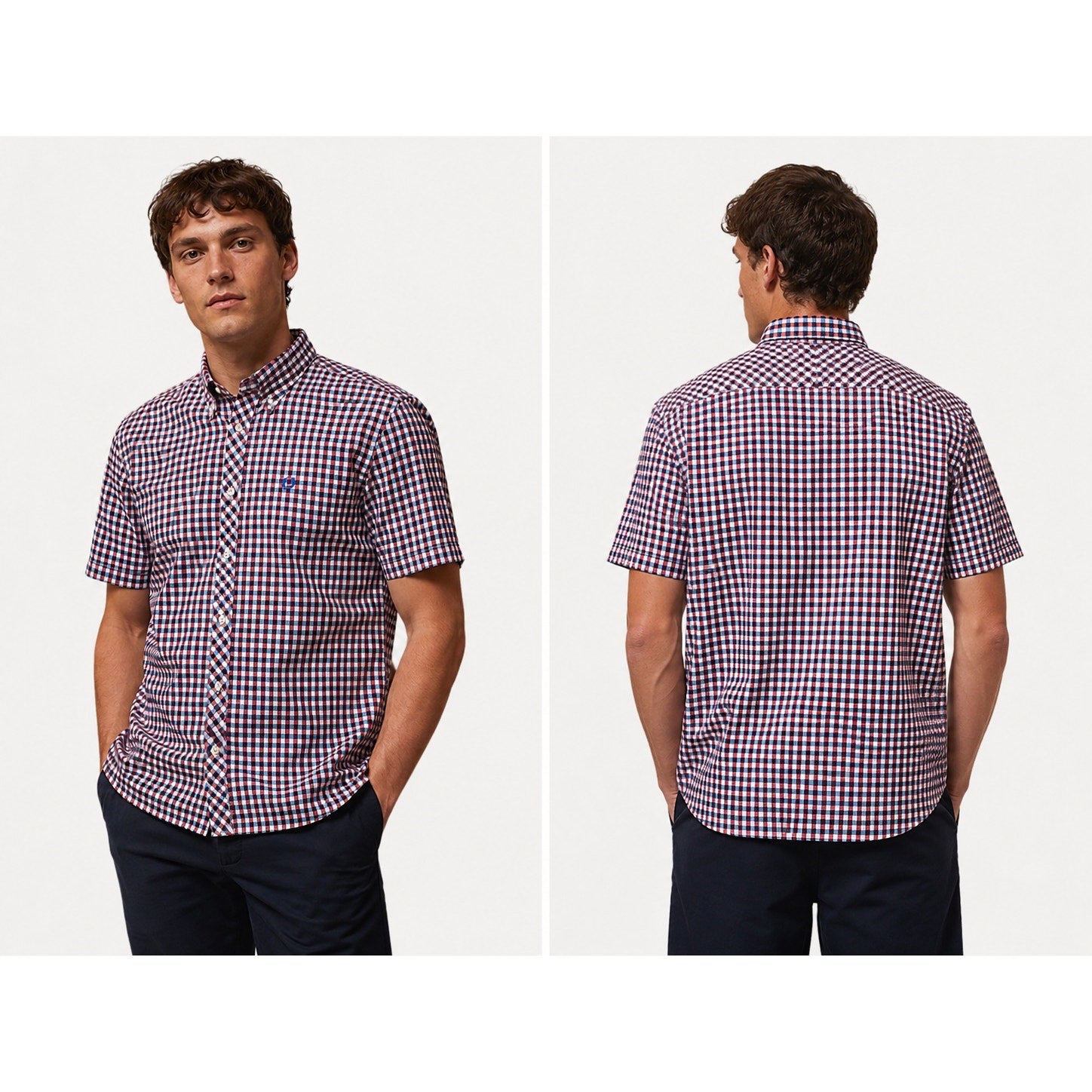 Fred Perry Gingham Short Sleeve Button Down in Dark Red Blue White — Size XL // Preowned