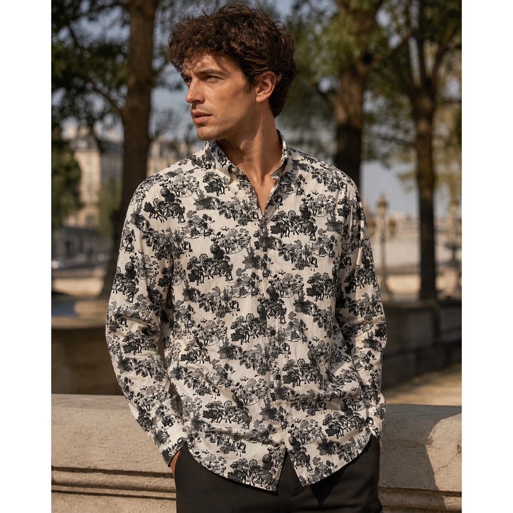 HUGO Ermo Stretch City Print Long Sleeve Shirt in Cream, Black — Size XL // Preowned