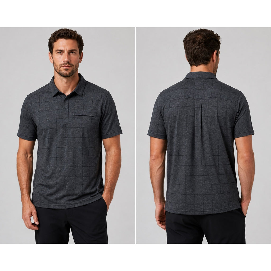 KJUS Inverness Windowpane Tech Polo in Charcoal, Black — Size 52 (Large)