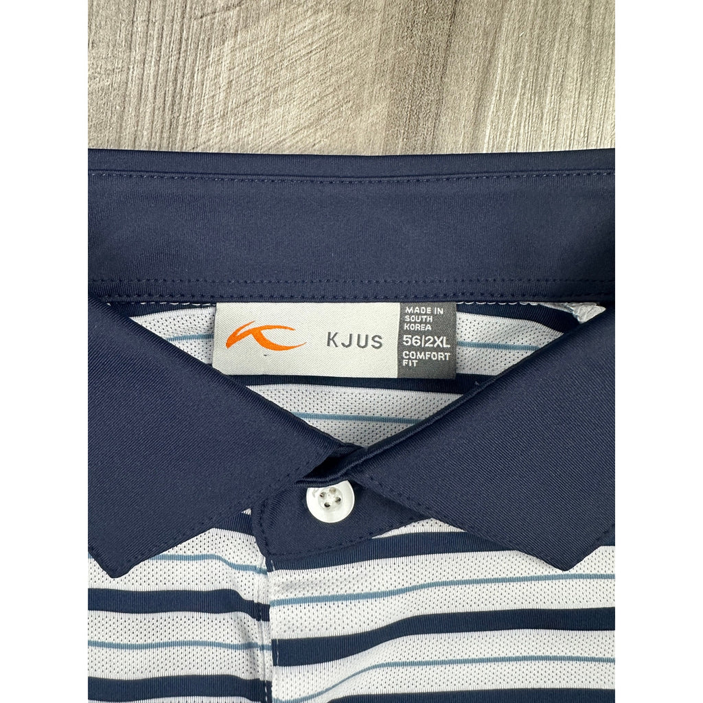 KJUS Luis Multi Stripe Comfort Fit Performance Polo in White, Navy, Slate Blue — Size 56 (2XL)