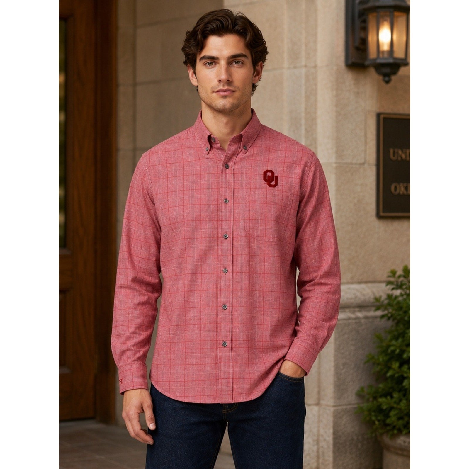 Oklahoma Sooners Cutter & Buck Red Plaid Long Sleeve Button Down - Large
