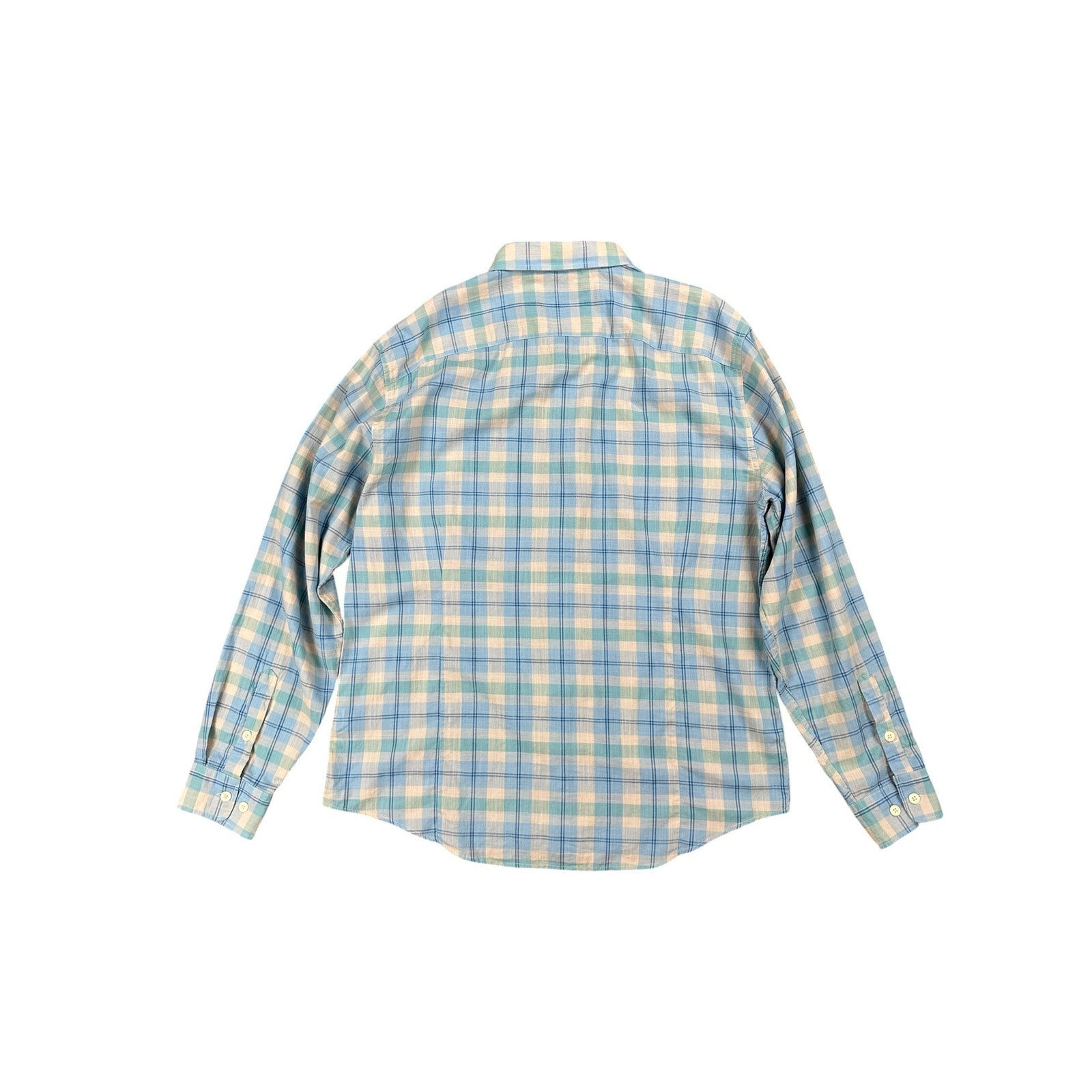 The Normal Brand Plaid Long Sleeve Button Down in Light Blue Light Green Cream and Light Navy — Size XL // Preowned