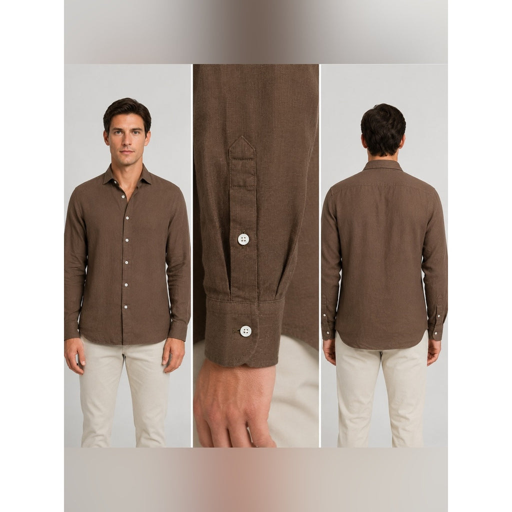 Luca Avitabile Handmade Shirts Brown Linen Long Sleeve Button Down - Large