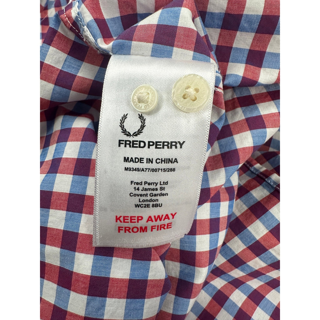 Fred Perry Gingham Short Sleeve Button Down in Dark Red Blue White — Size XL // Preowned