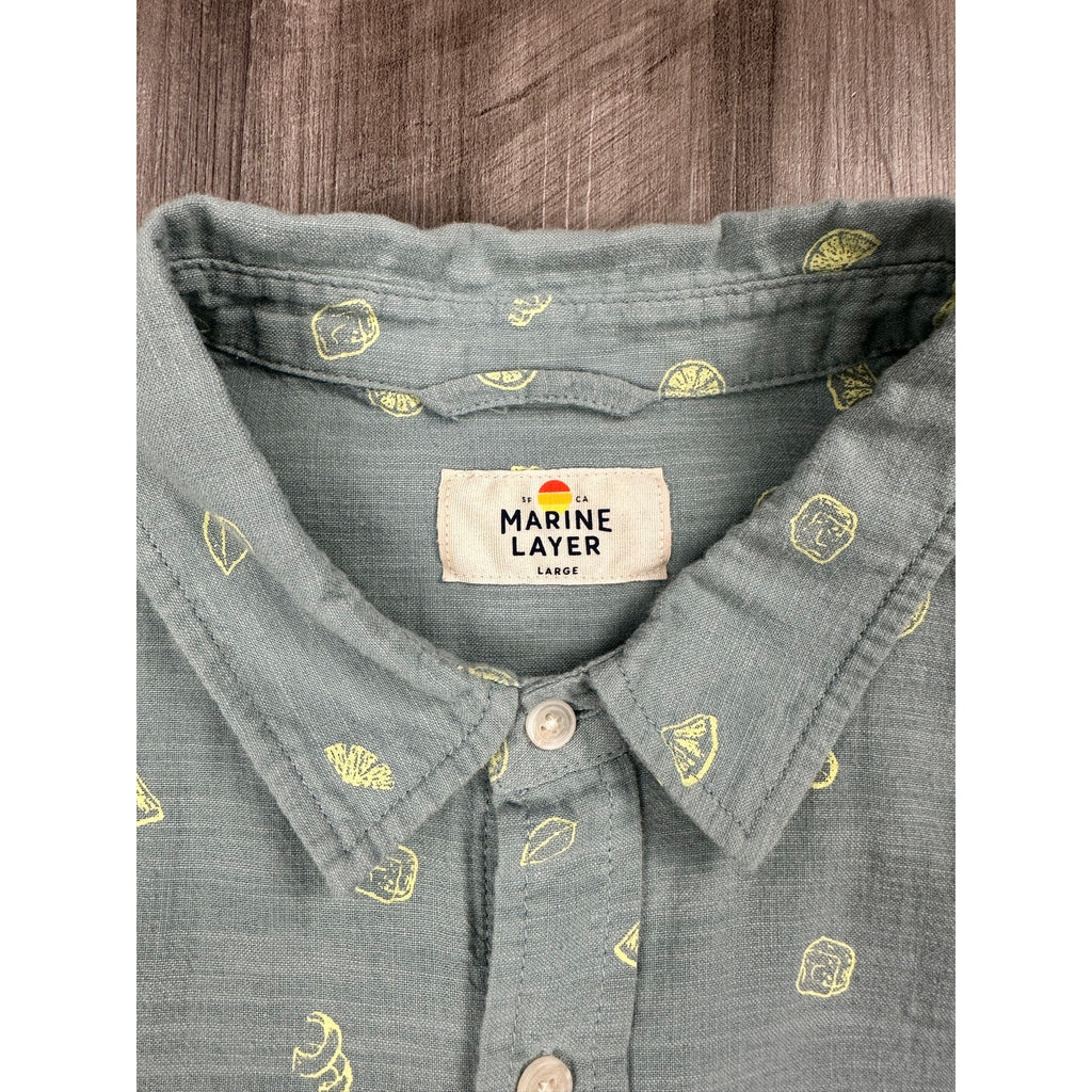 Marine Layer Poole Short Sleeve Button Down in Sage Gray and Yellow — Size Large // Preowned