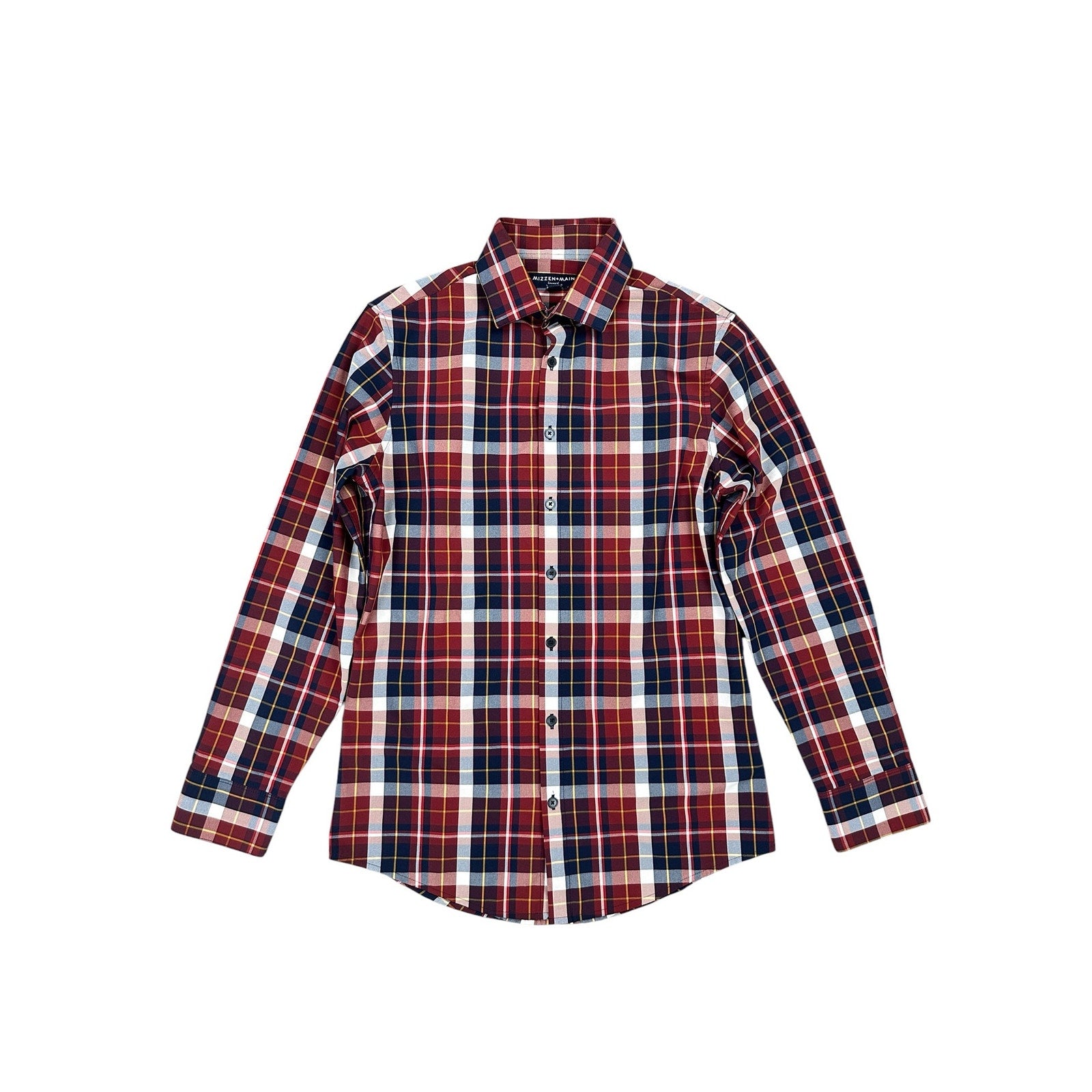 Mizzen+Main Leeward Performance Plaid Trim Fit Long Sleeve Button Down in Red, Navy, Yellow — Size Small // Preowned