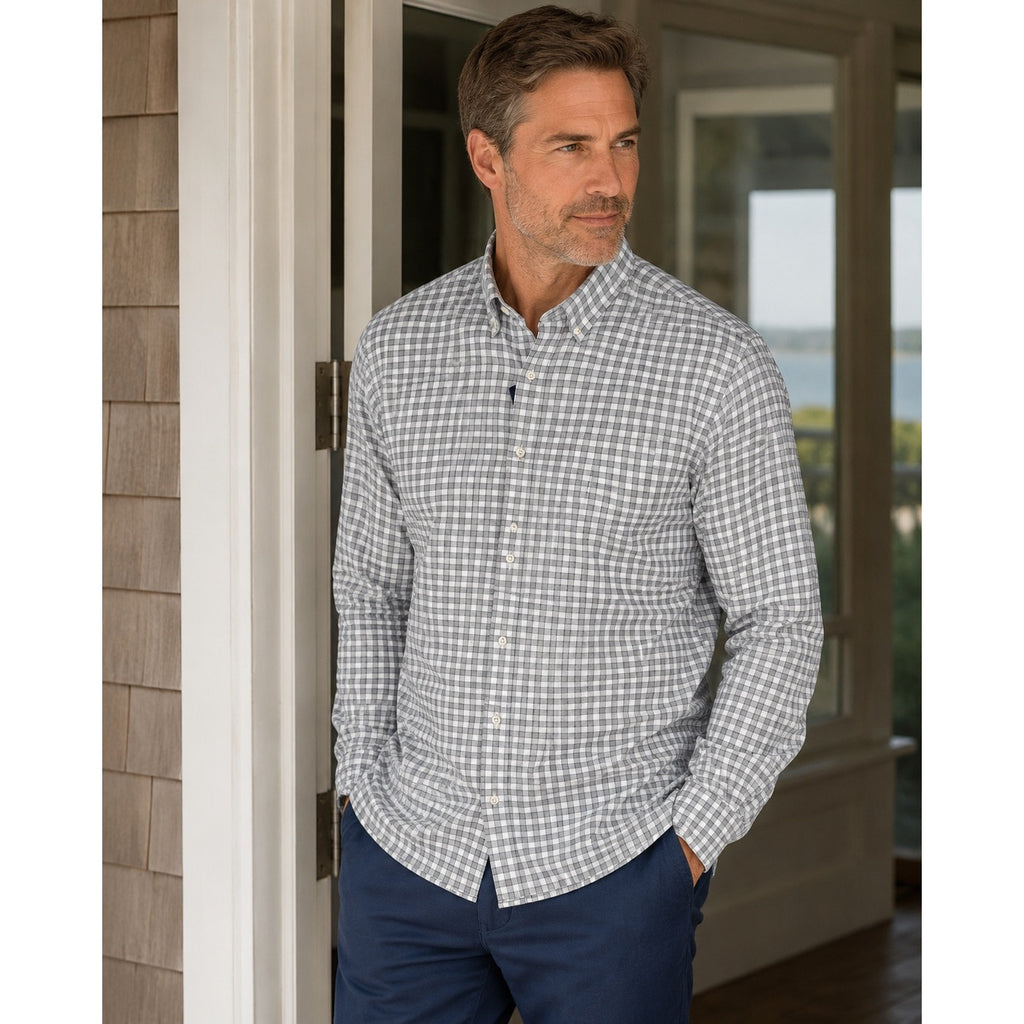 Johnnie-O Allworth Performance Checkered Long Sleeve Button Down in Light Gray — Size XL