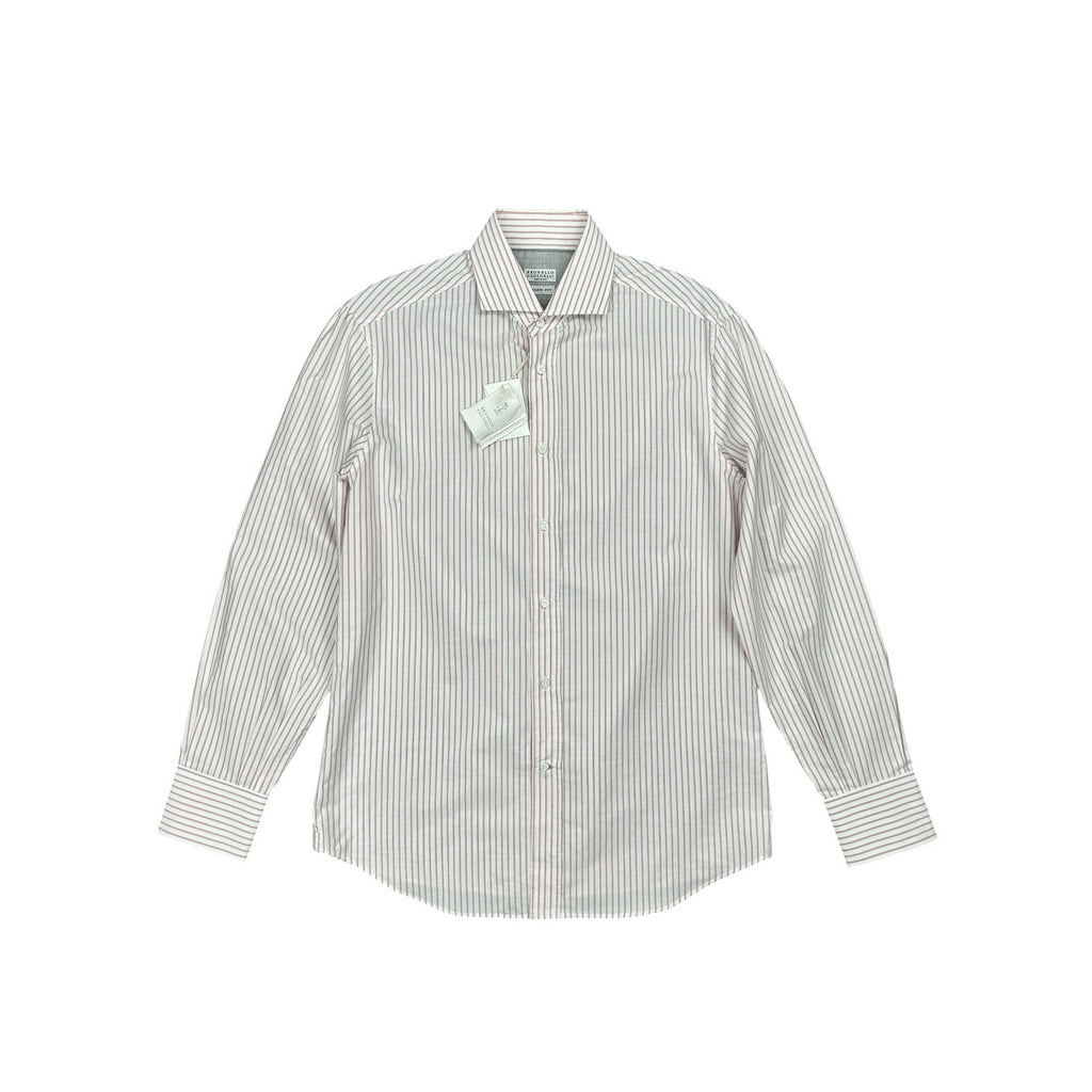 Brunello Cucinelli Made in Italy Basic Fit Striped Long Sleeve Button Down in White Coral — Size Medium