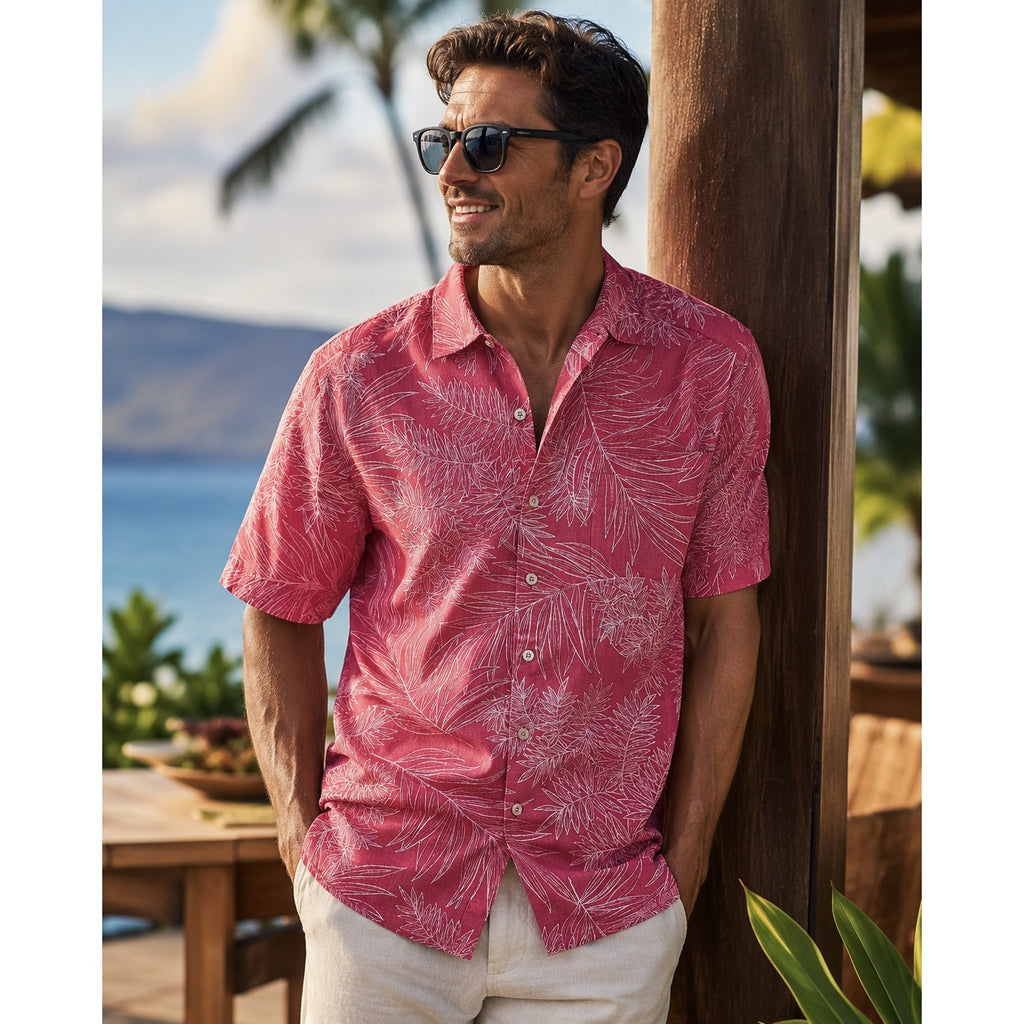 Tommy Bahama Shellrossa Palm Leaf Cotton Short Sleeve Camp Shirt in Hula Pink — Size Large