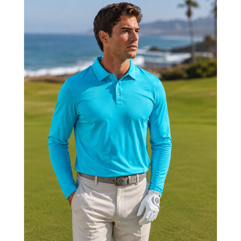 G/FORE Melange Ice Nylon Long Sleeve Polo in Siren Melange — Size Medium