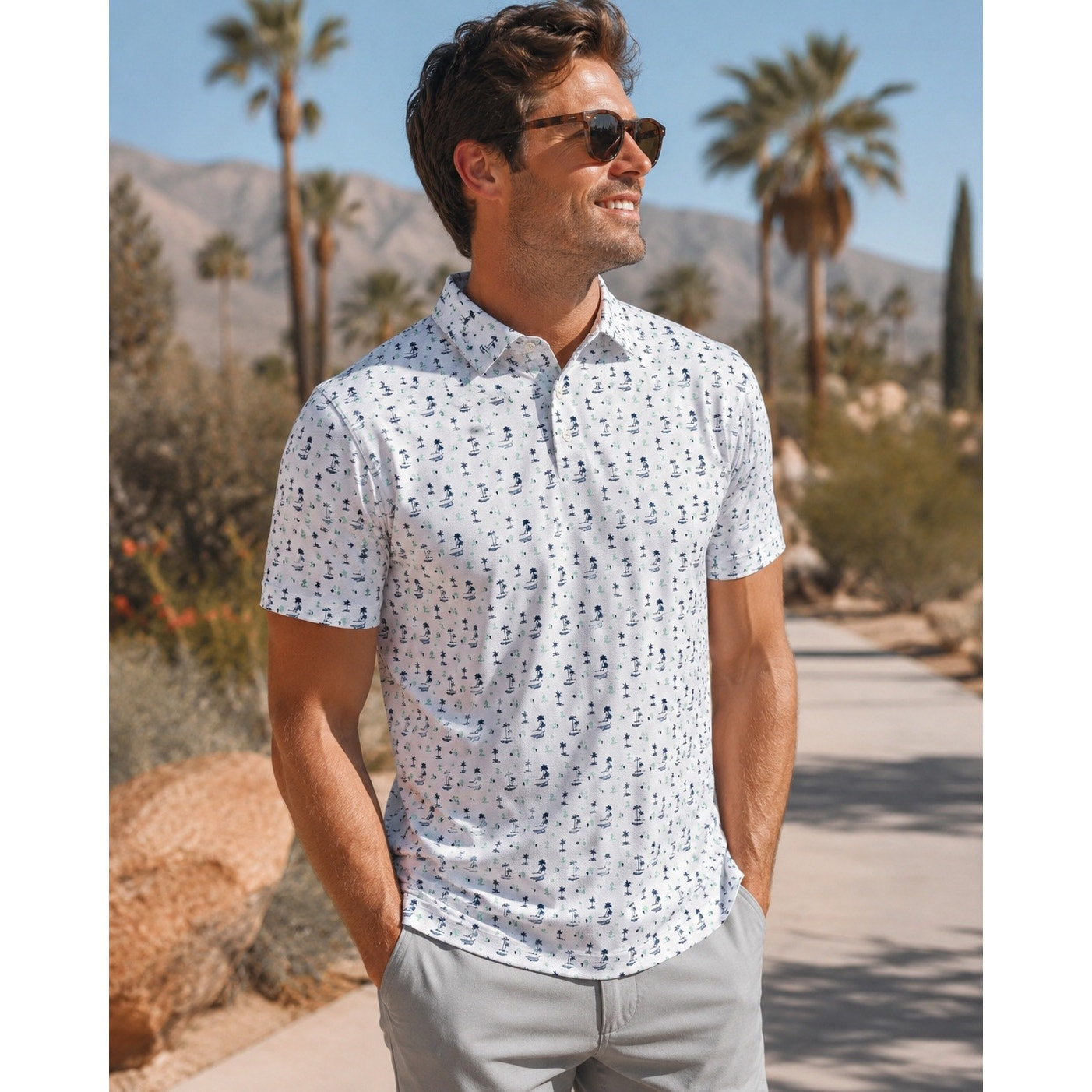 Mizzen+Main Desert Oasis Cactus Palms Performance Trim Polo in White, Navy and Green — Size Medium // Preowned