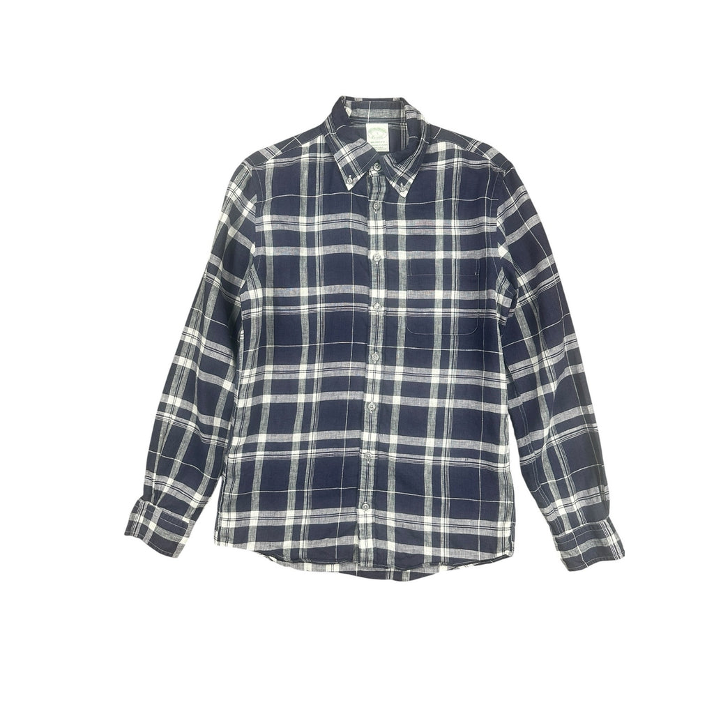 Brooks Brothers Milano Fit Baird McNutt Irish Linen Plaid Long Sleeve Button Down in Navy White — Size Small // Preowned