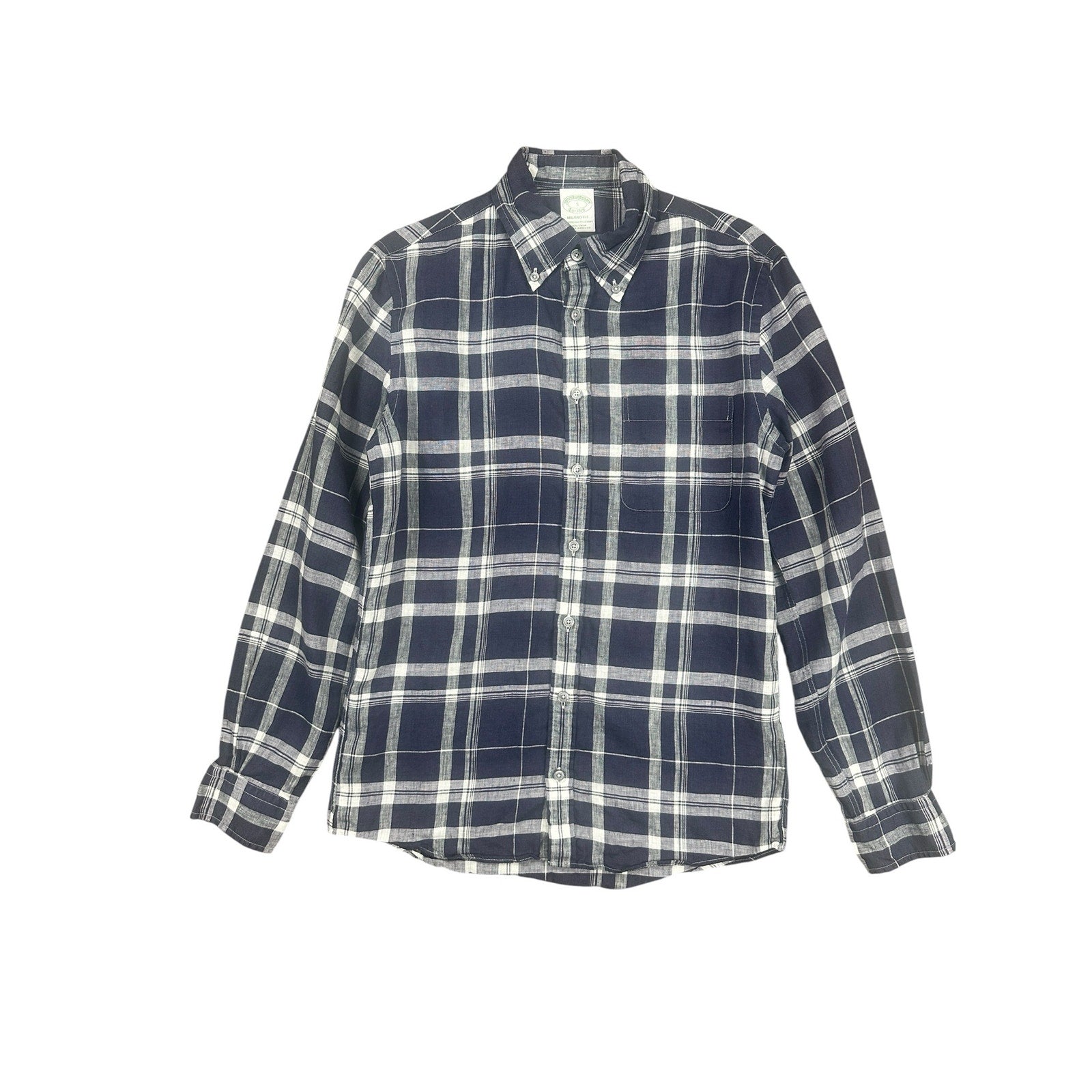 Brooks Brothers Milano Fit Baird McNutt Irish Linen Plaid Long Sleeve Button Down in Navy White — Size Small // Preowned