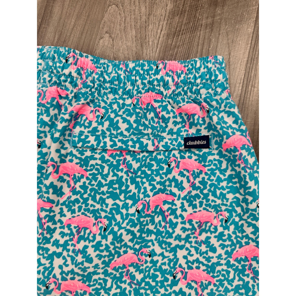 Chubbies Domingos For Flamingos 7" Swim Trunks in Turquoise, Pink and White — Size XL // Preowned